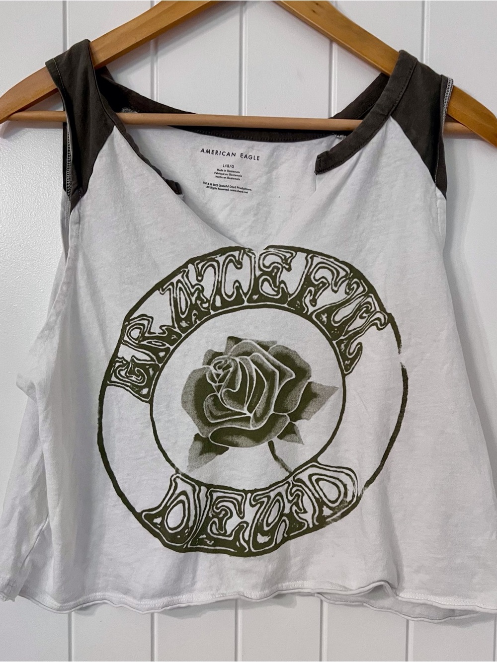 American Eagle Outfitters White Grateful Dead Crop Tank with Olive Rose Graphic